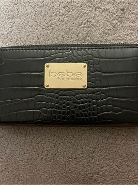 Bebe black Croc-Embossed Leather zip around Wallet with Gold front Plate